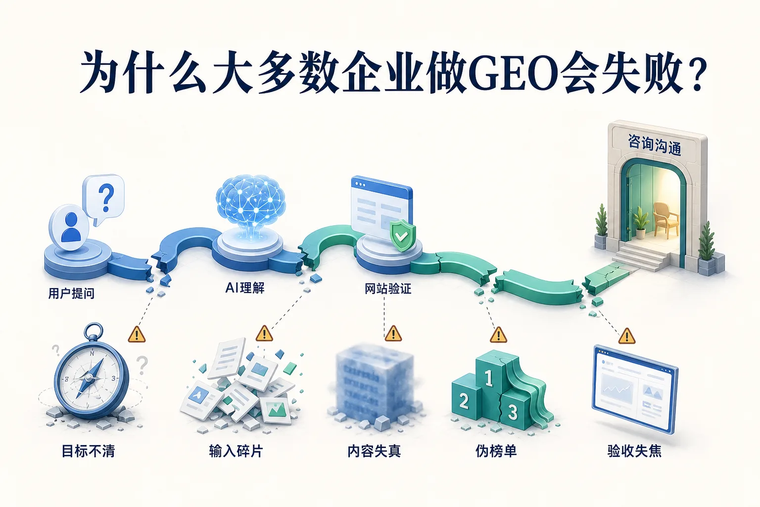 企业GEO失败原因:目标不清、输入碎片、内容失真、伪榜单和验收失焦