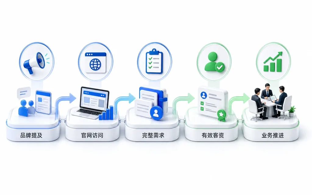 企业把品牌提及、官网访问、完整需求、有效客资和业务推进放在一起观察