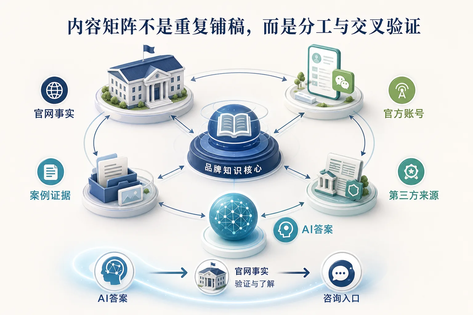 官网、官方账号、案例、第三方来源和AI答案的内容矩阵
