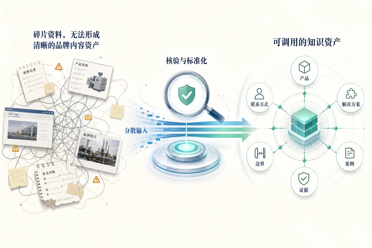 企业碎片资料经过核验与标准化形成可调用的品牌知识资产