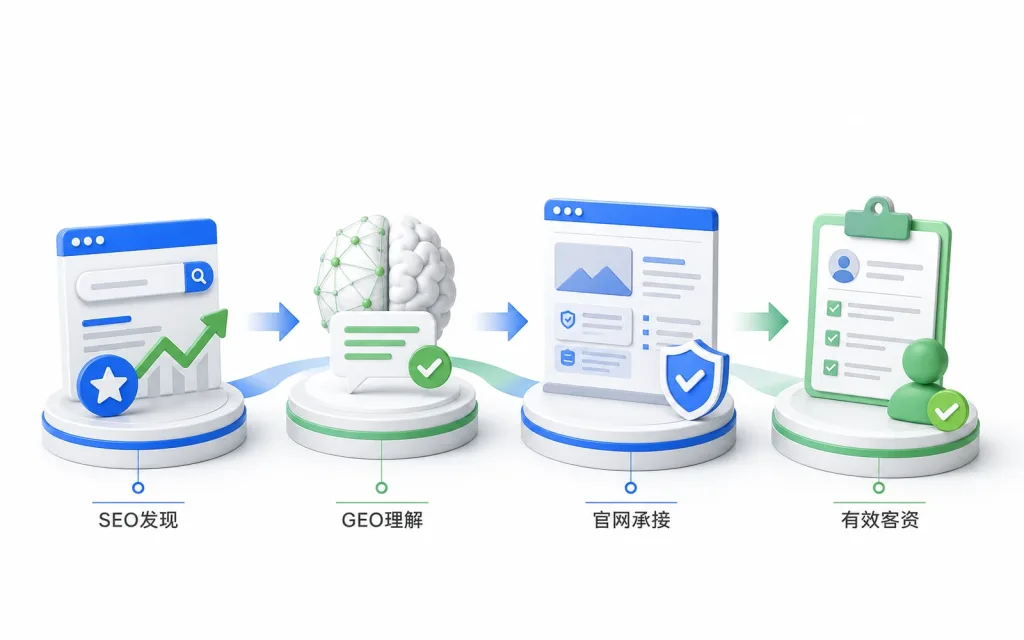 SEO发现、GEO理解、官网承接共同推动完整需求和有效客资